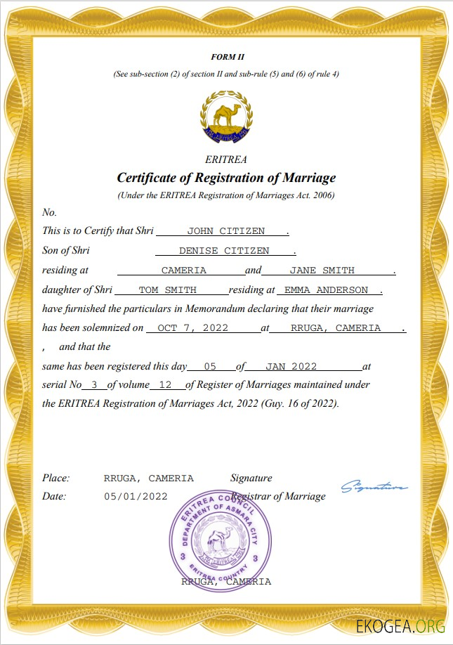 Modèle Word et PDF de certificat de mariage en Érythrée